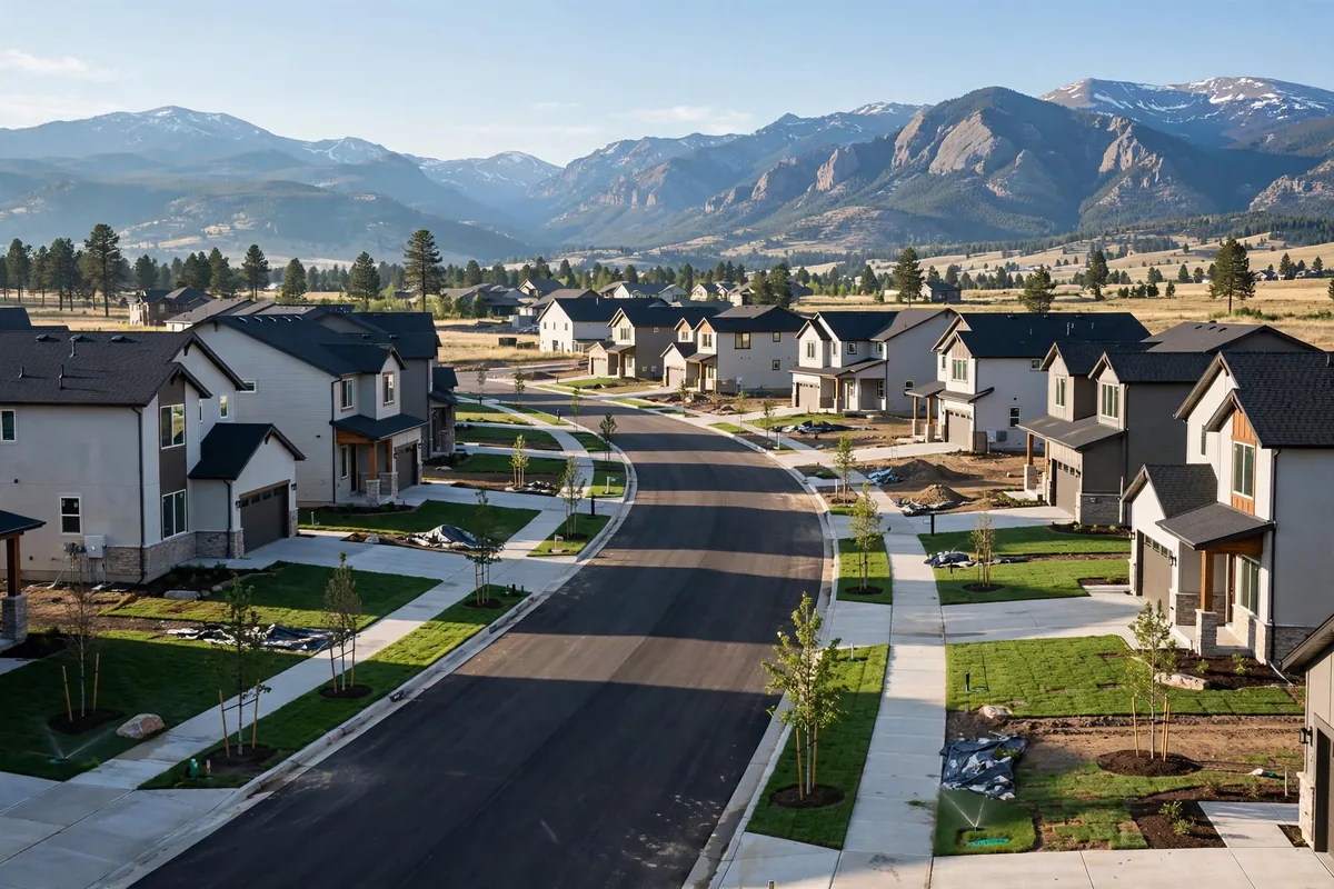 New suburban subdivision street with recently built homes in Erie, Colorado