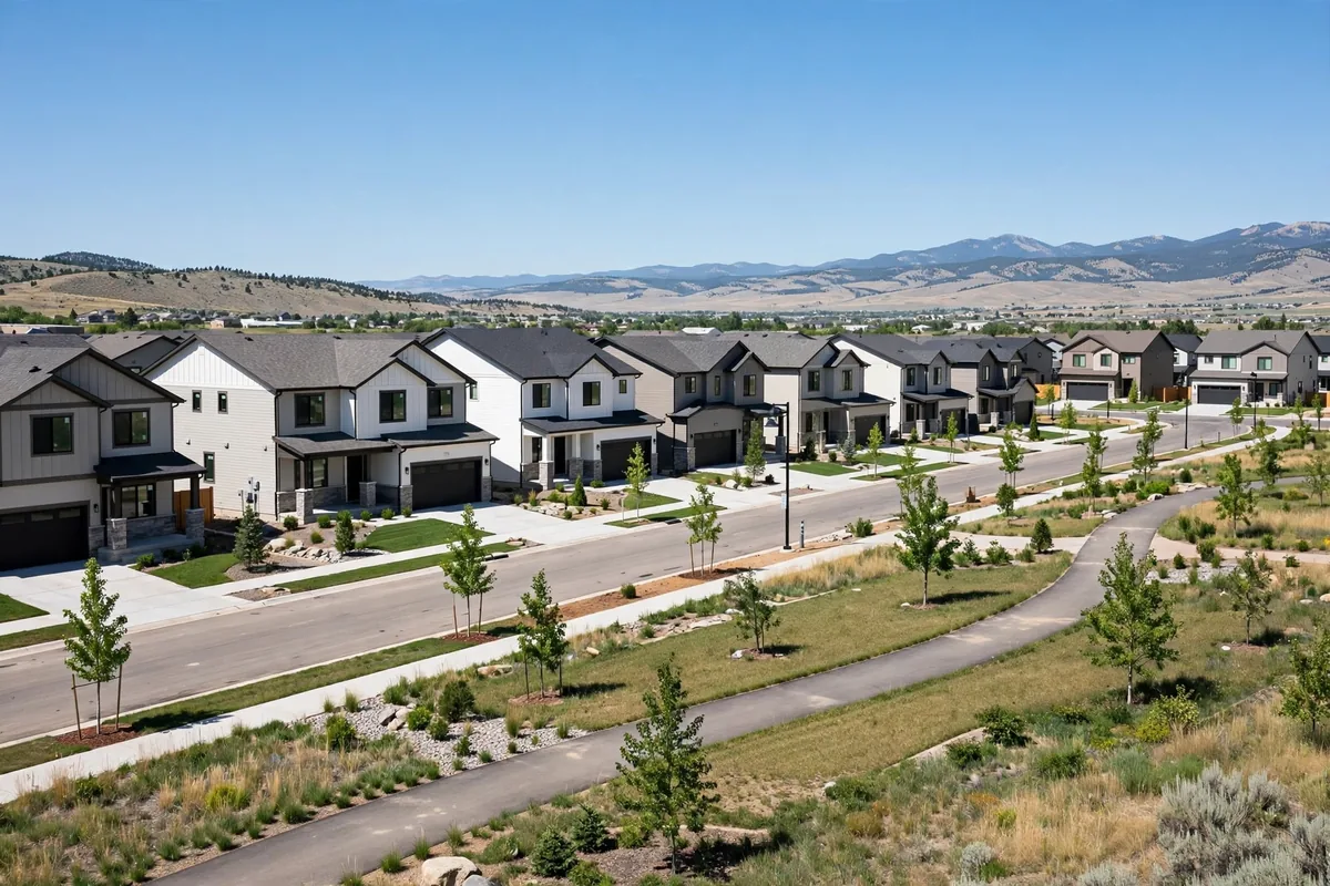 Newer homes on a quiet street in the Palisade Highlands area of northeast Broomfield, Colorado