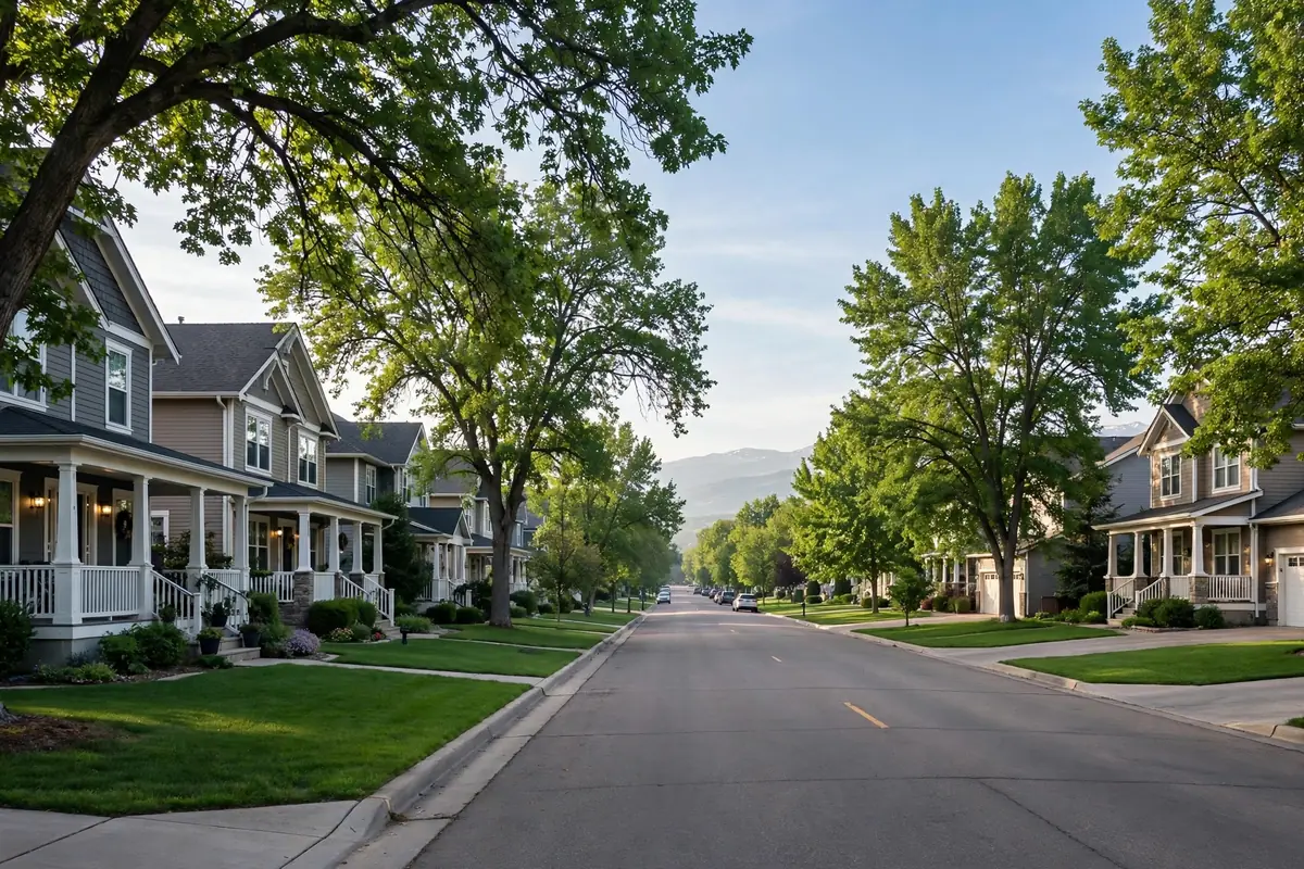 Residential street with two-story homes and mature trees in Westlake Village, Broomfield, Colorado