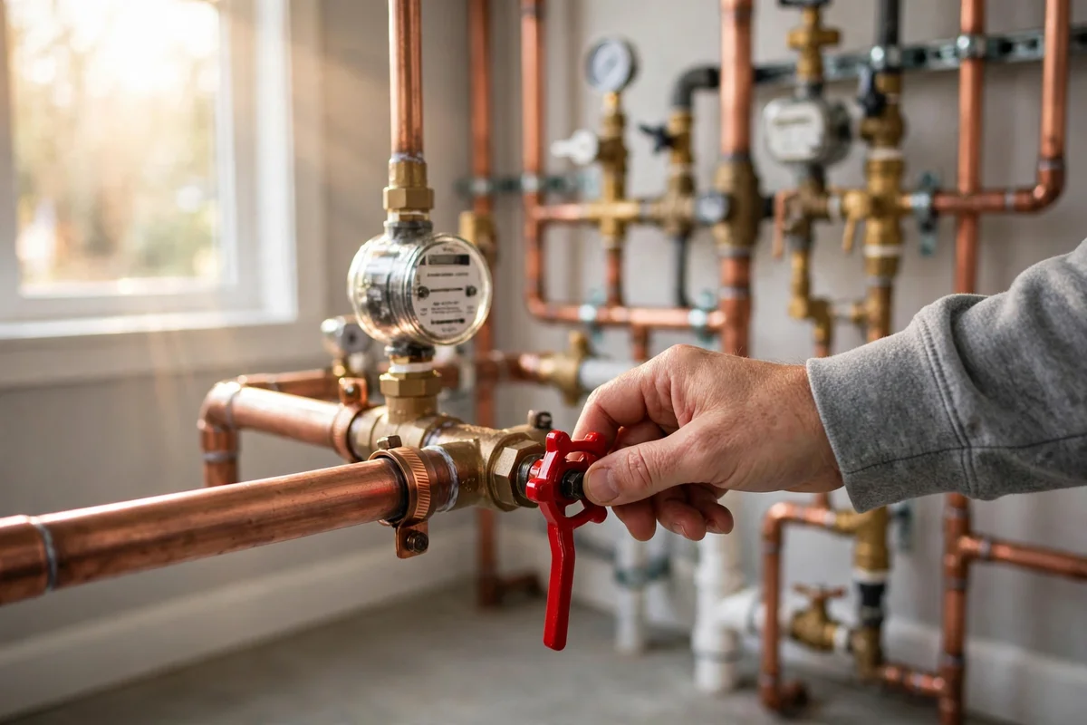 Homeowner turning a lever-style main water shutoff valve in a utility room