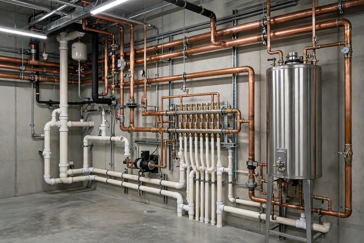 Commercial water heater and pipe manifold in an office building mechanical room