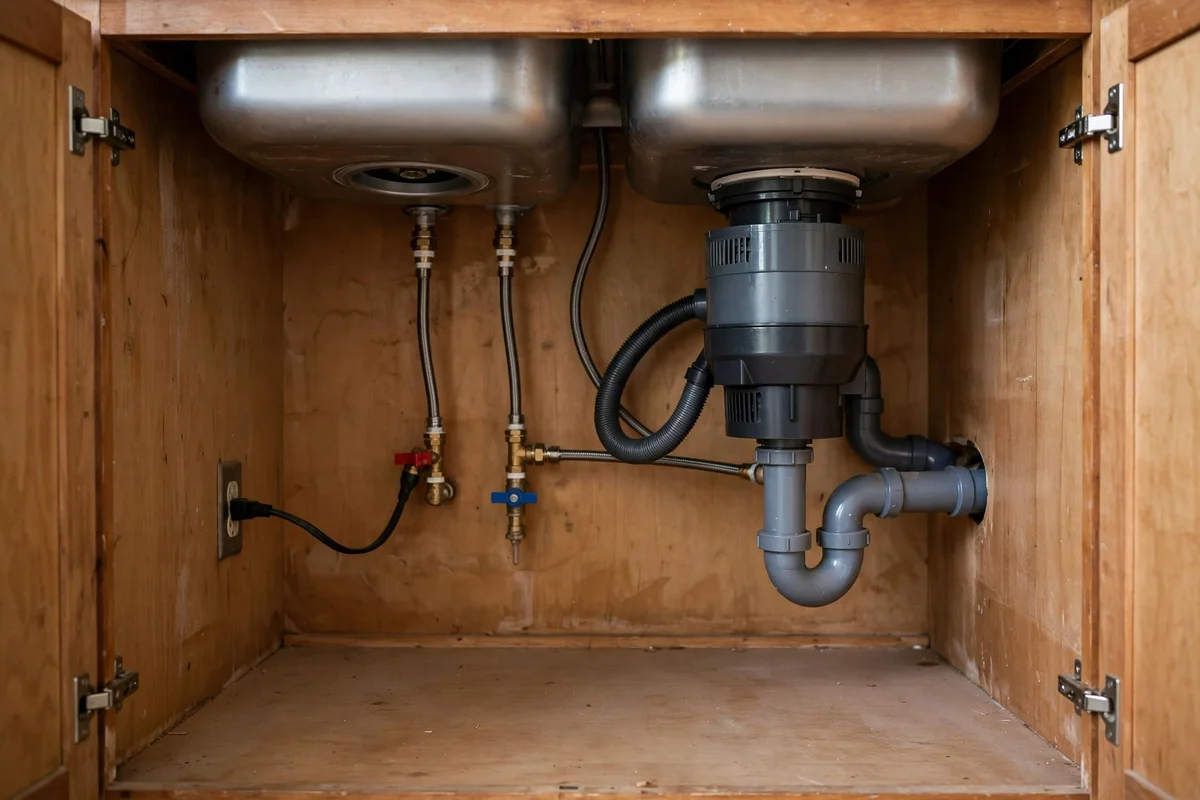 A garbage disposal unit mounted under a kitchen sink