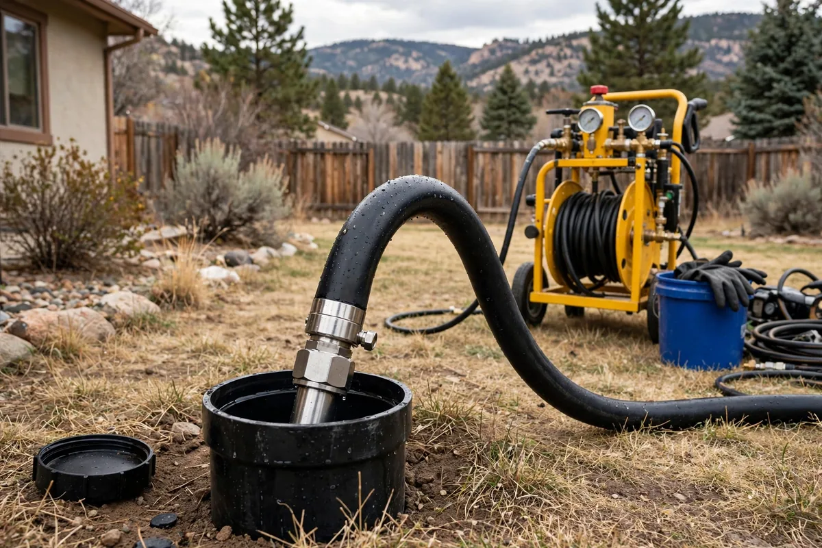 Hydro jetting hose and nozzle inserted into a sewer cleanout pipe during drain cleaning service