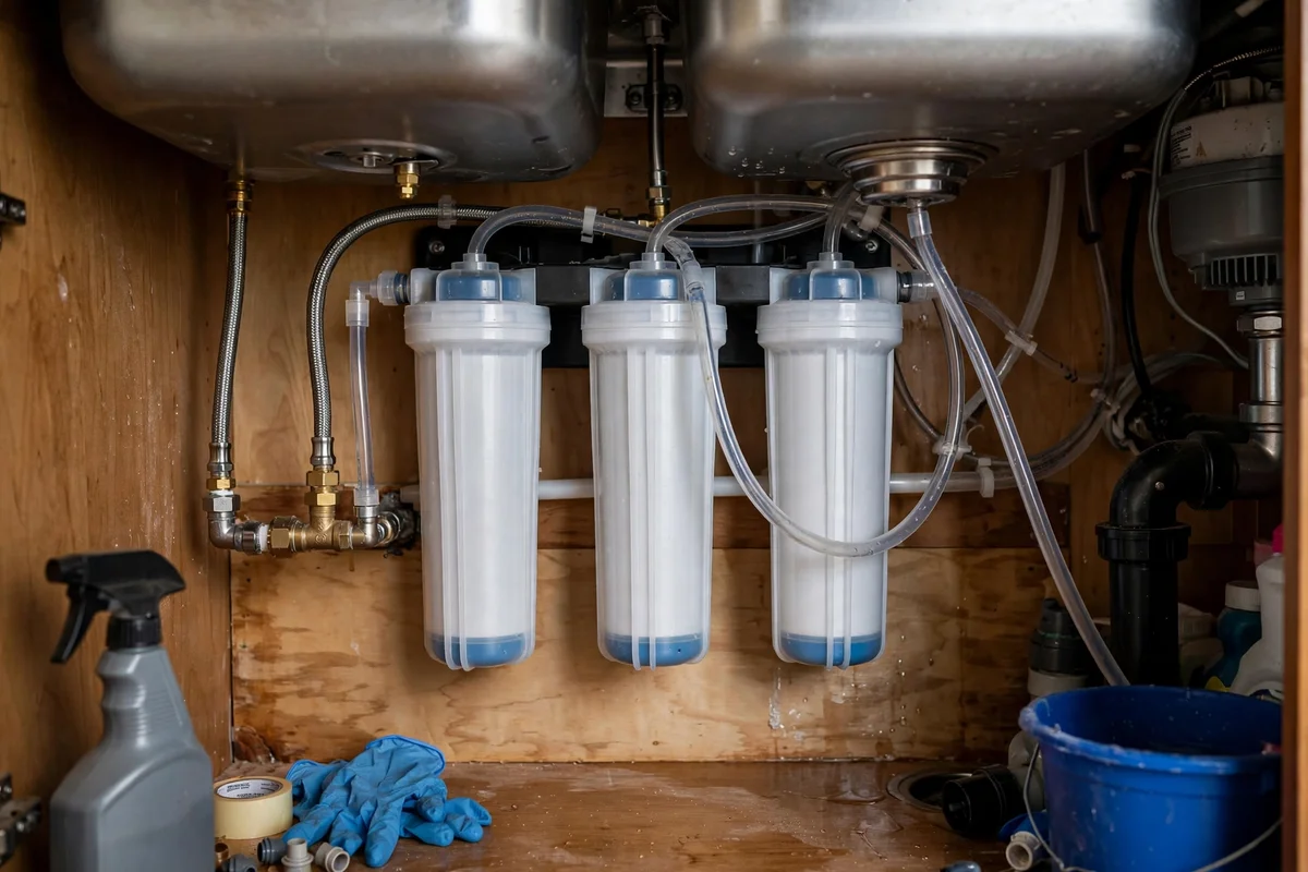 An under-sink water filtration system with filter cartridges and tubing