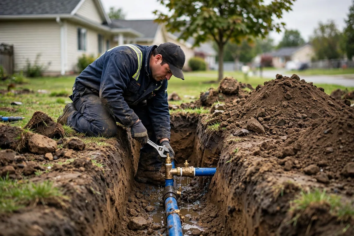 Plumber repairing an exposed water main line in an excavated trench in a suburban residential front yard