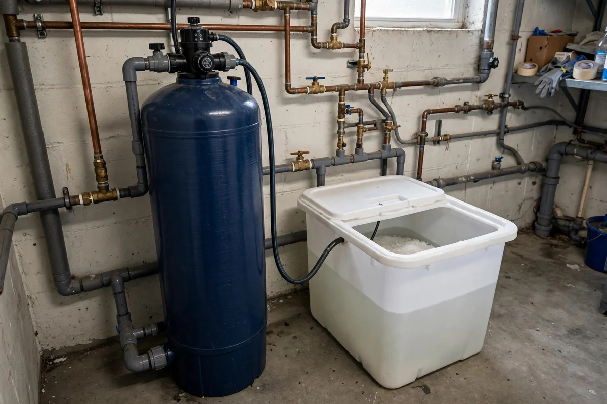 A water softener tank system installed in a home utility room